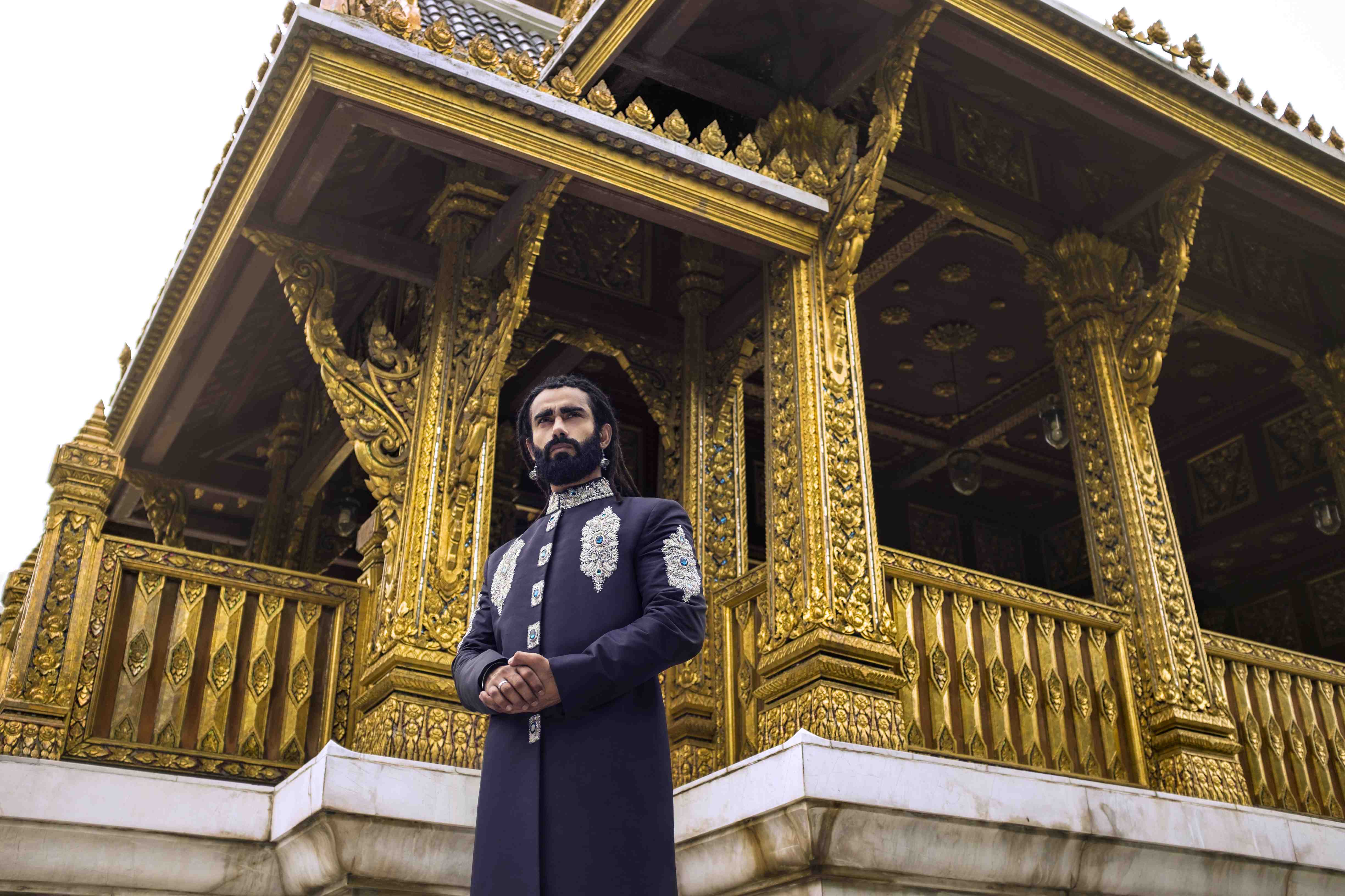 Navy Blue Raw Silk Sherwani