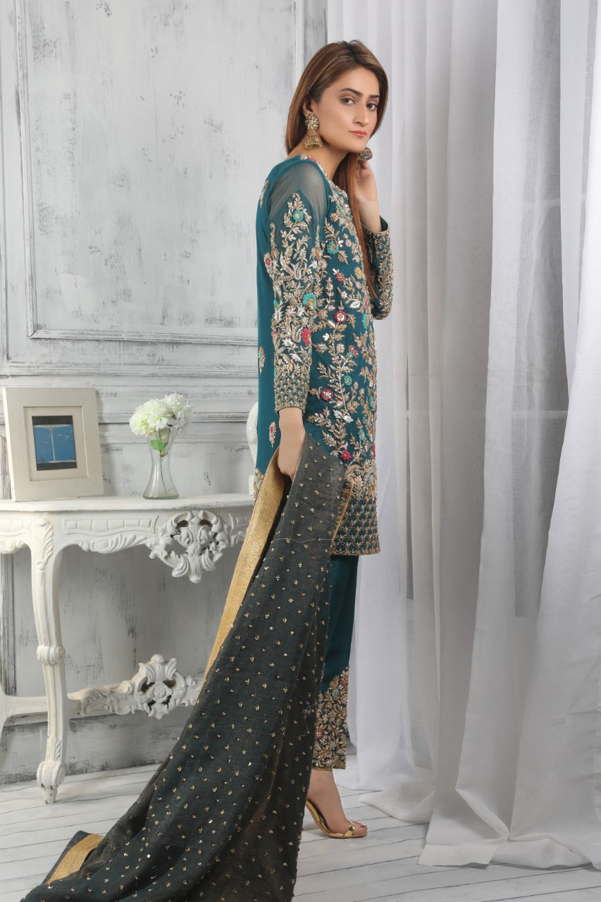Green Semi Bridal stiraight shirt net fabric bottom embrodered dupatta