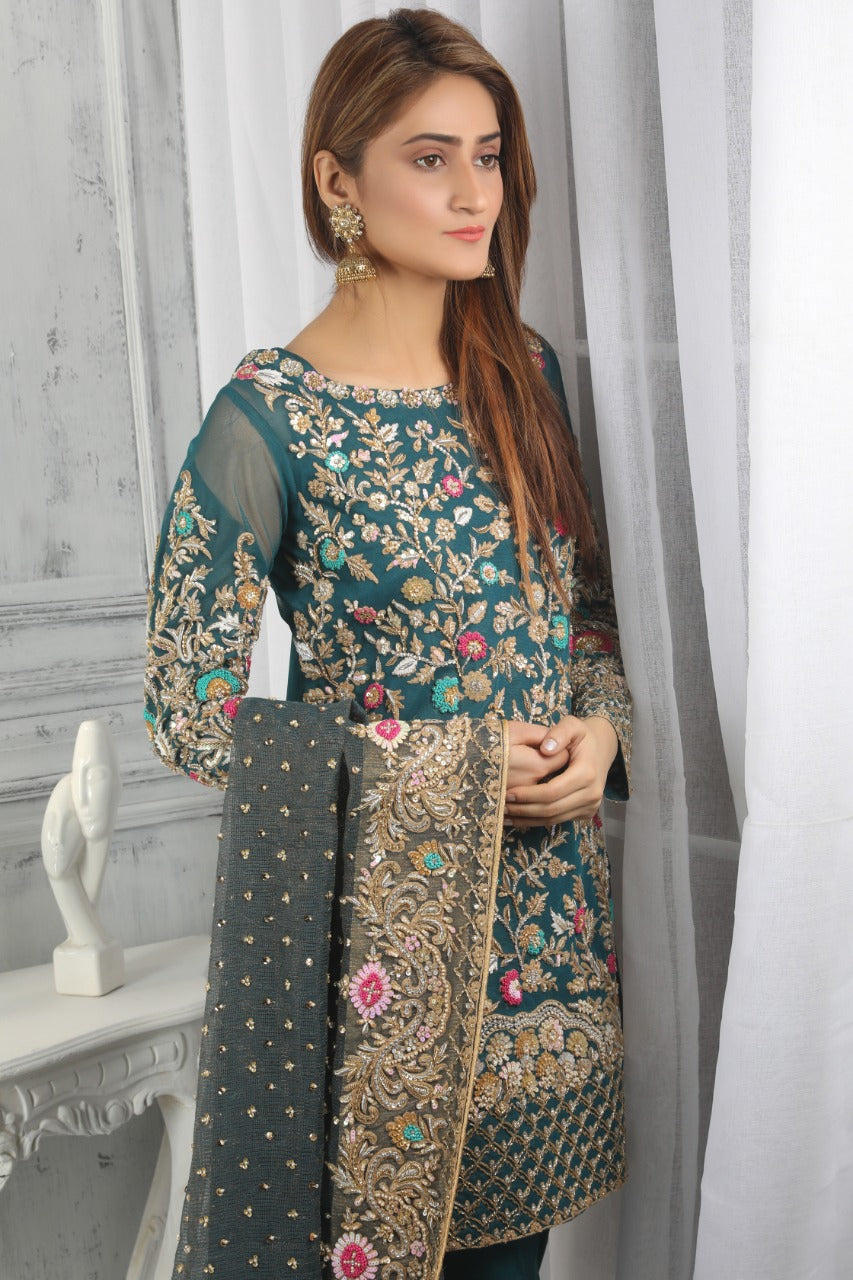 Green Semi Bridal stiraight shirt net fabric bottom embrodered dupatta