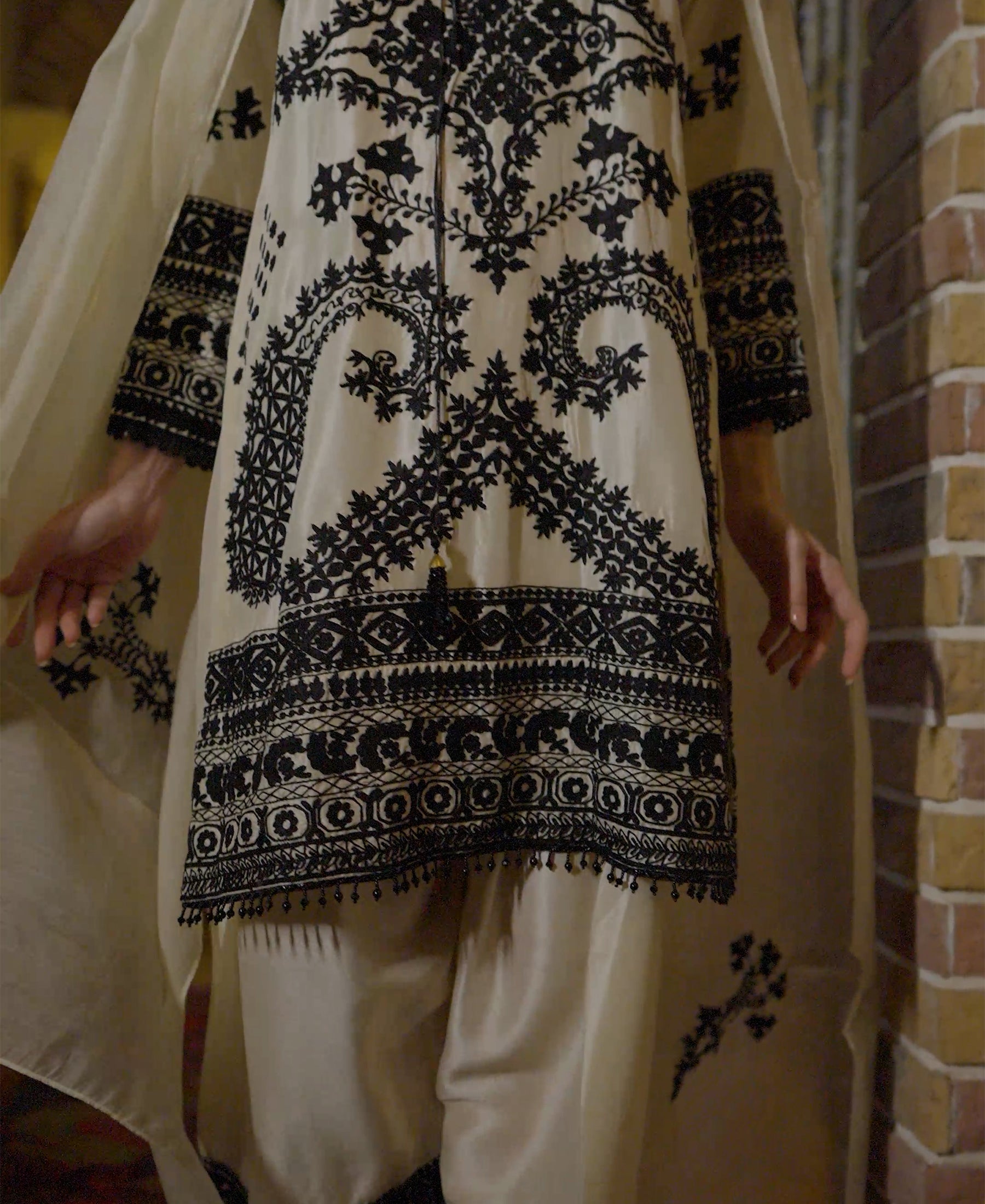 White Embroidered Raw Silk Dress